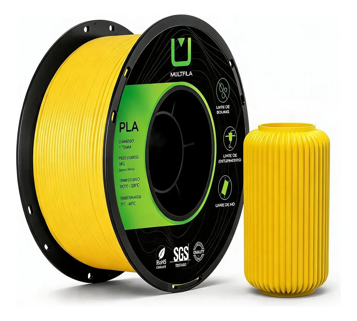 Rolo de filamento Multifila PLA Amarelo de 1 kg e 1,75 mm