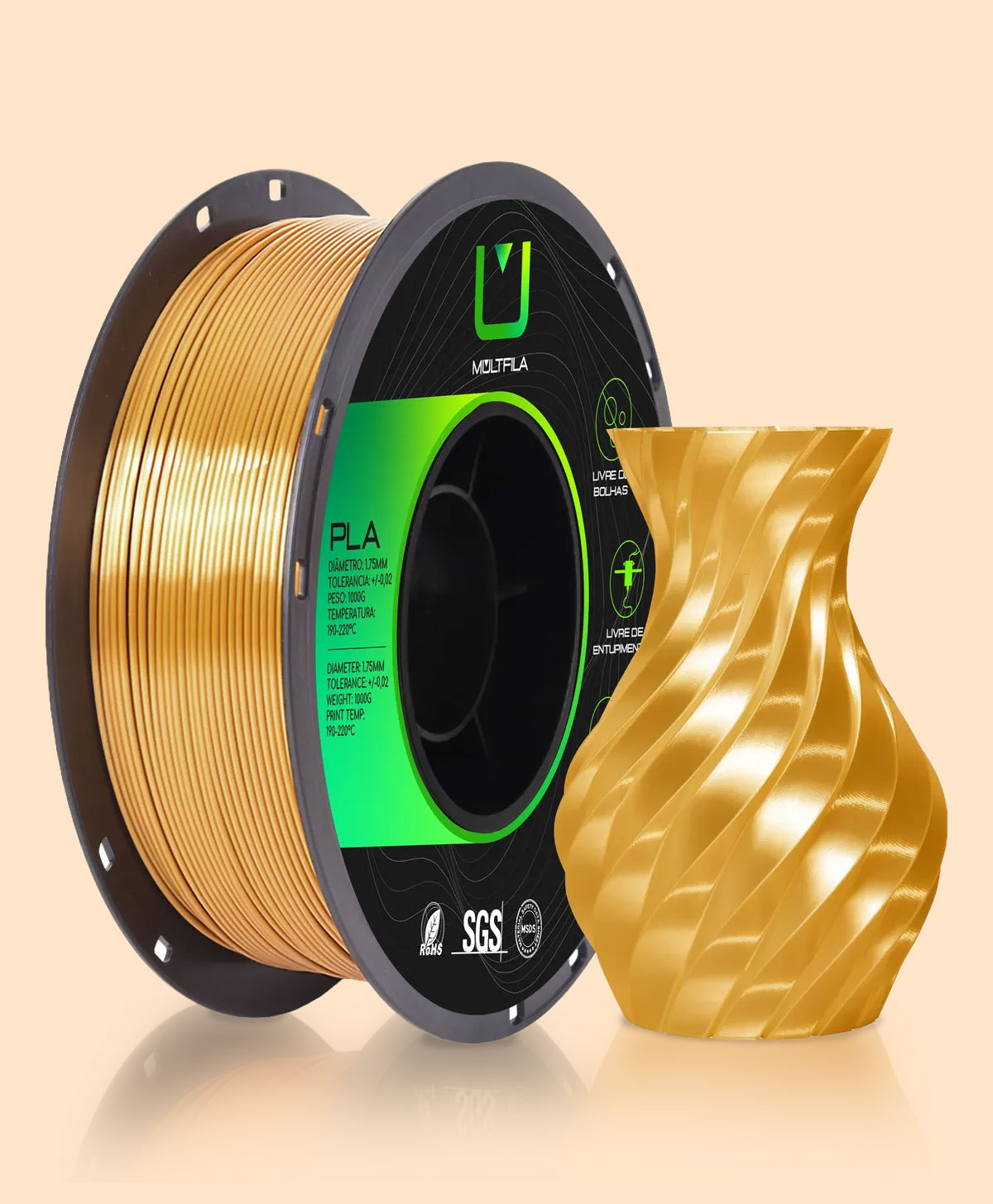 Rolo de filamento PLA Silk Ouro Envelhecido da 3Diamond